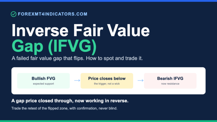 Diagram: a bullish fair value gap that price closes below flips into a bearish inverse fair value gap acting as resistance on the retest.