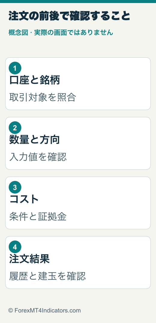 口座、銘柄、数量、コスト、注文結果を順番に確認する概念図