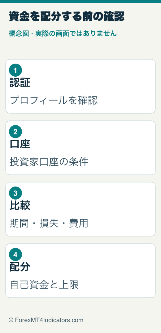 XMTradingコピートレードの始め方:資金配分・費用・停止前の確認 1 認証、投資家口座、比較、条件確認、資金配分の確認順序を示す概念図