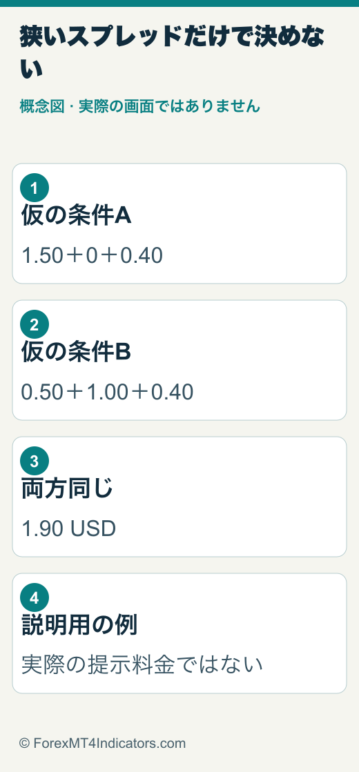 仮定例でスプレッドと手数料を合わせると同じ総コストになる比較図