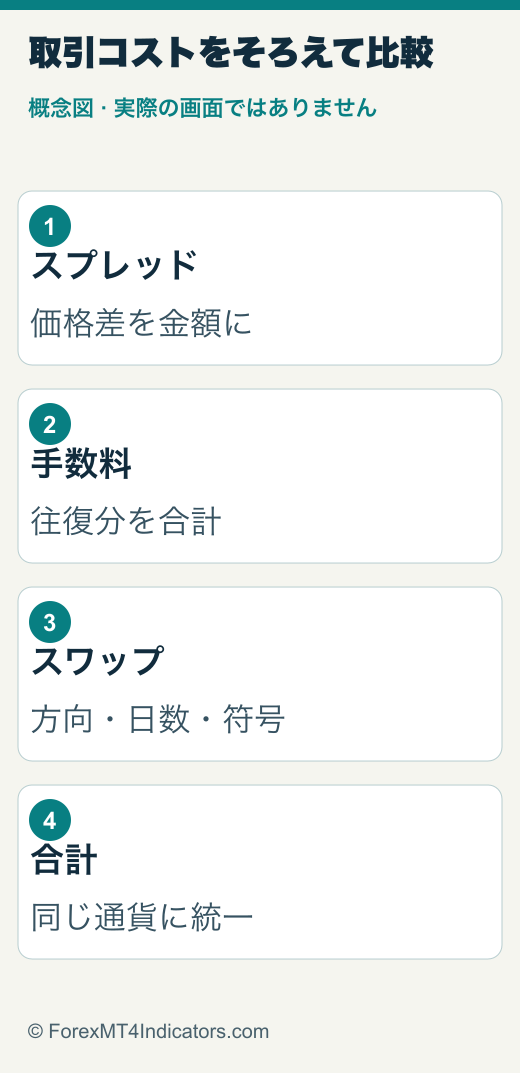スプレッド、取引手数料、持ち越し費用を合算する概念図