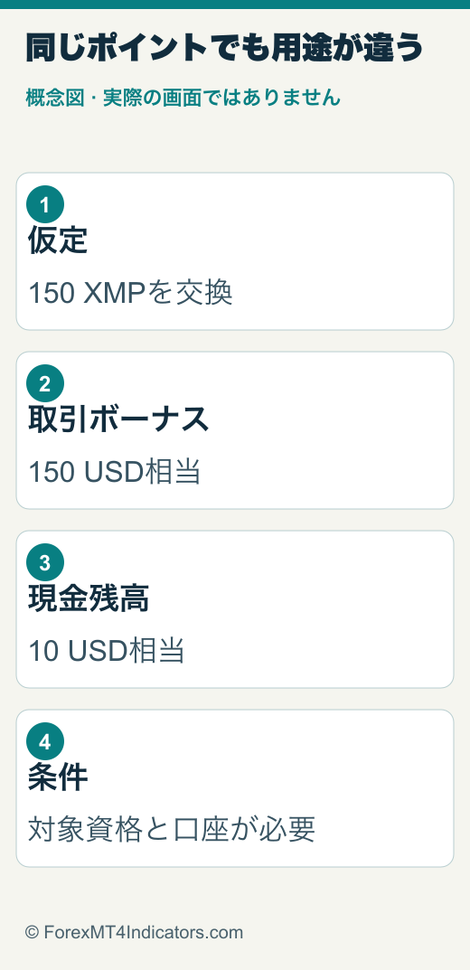 XMTradingのXMP・ロイヤルティガイド:5段階と交換方法 3 150 XMPの仮定例で150ドル相当ボーナスと10ドル相当現金を比較する図