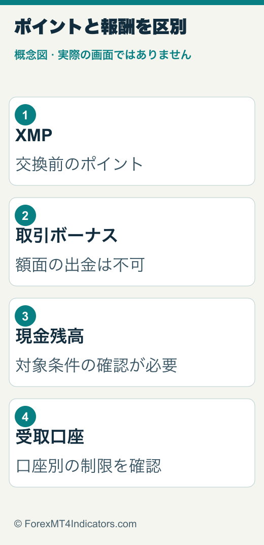 XMTradingのXMP・ロイヤルティガイド:5段階と交換方法 1 XMPから取引ボーナスと出金可能残高へ分かれる概念図
