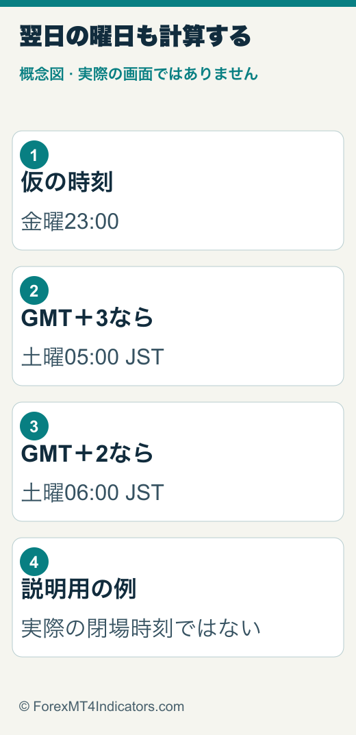 XMTradingの取引時間:日本時間への換算とゴールド仕様の確認 3 仮の金曜23時をGMTプラス3なら土曜5時、GMTプラス2なら土曜6時に換算する図