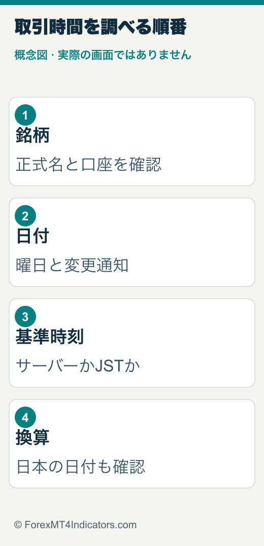 XMTradingの取引時間:日本時間への換算とゴールド仕様の確認 1 銘柄、取引日、公式の変更案内、タイムゾーン、日本時間の順で確認する概念図