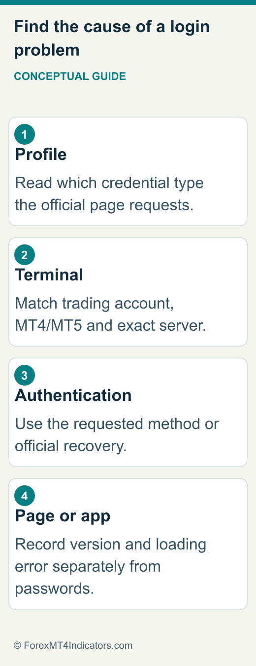 Decision tree separating profile, terminal, app and authentication problems