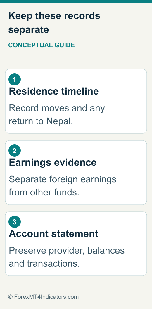 XM Nepal: Residence, Overseas-Investment Rules and Bonuses 2 Three Nepal records: residence timeline, source-of-earnings evidence and overseas account statement