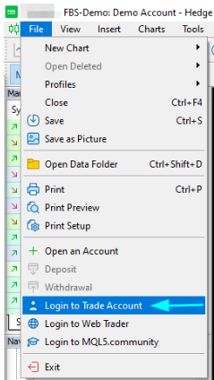 FBS MT5: Download, Login and Setup Guide 2 MetaTrader 5 File menu with Login to Trade Account highlighted