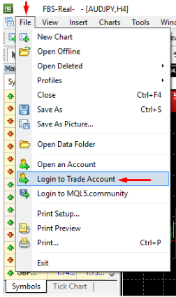 FBS MT4: Download, Login and Setup Guide 2 MetaTrader 4 File menu with Login to Trade Account highlighted
