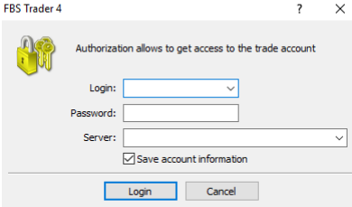 FBS MT4: Download, Login and Setup Guide 3 Blank FBS Trader 4 authorization dialog