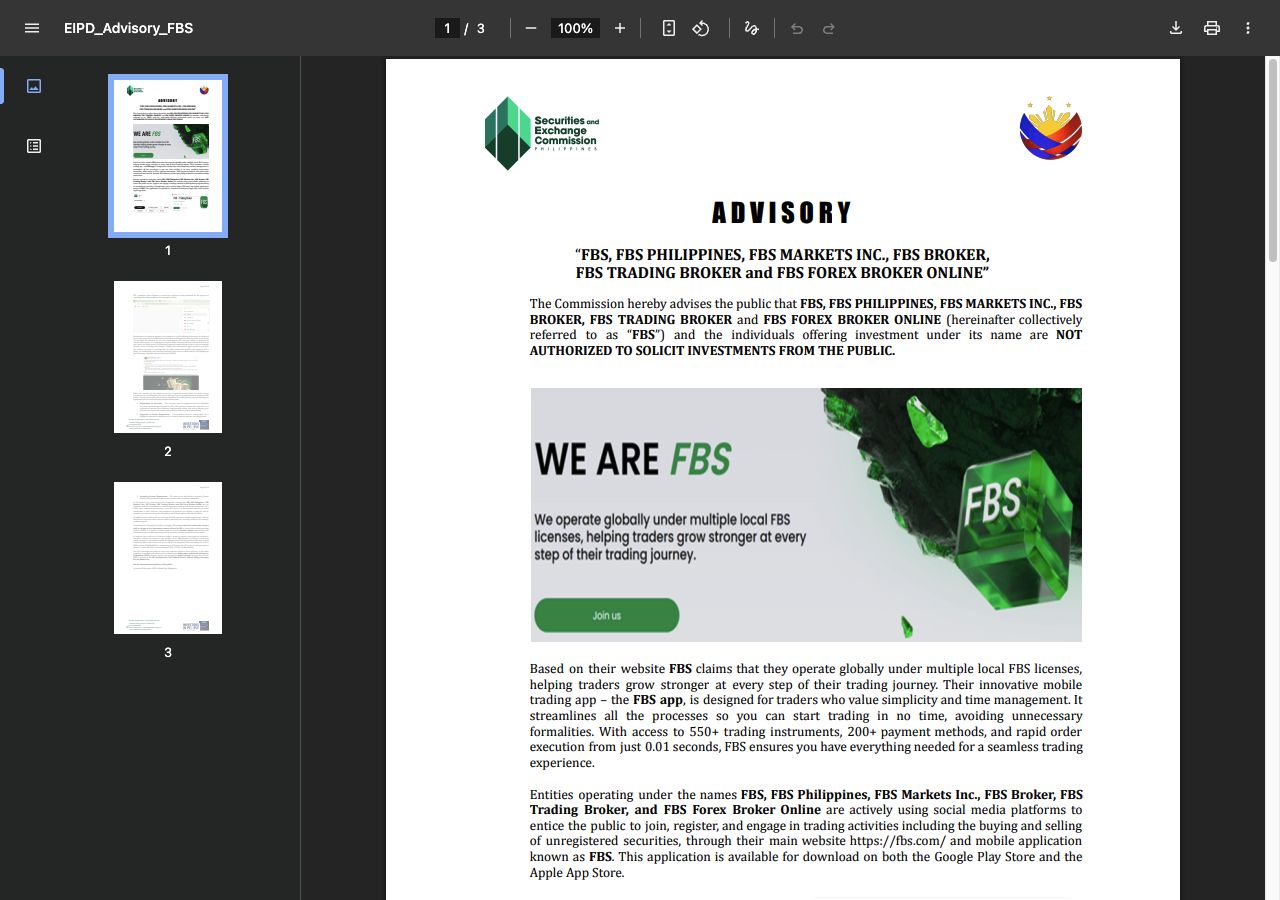 FBS Philippines: SEC Advisory and Existing Account Help 1 First page of the Philippine SEC advisory naming FBS