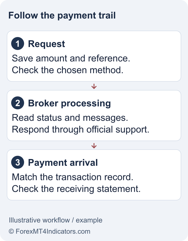 FXOpen Withdrawals: Methods, Fees, Timing and Return Rules 1 Illustrative withdrawal workflow. A submitted or processed request is not proof that money has arrived.