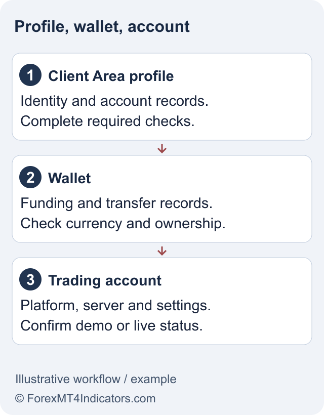 Tickmill App: Download, Trading and Account Management 2 Illustrative relationship between a profile, wallet and trading account. Actual menus depend on the entity.