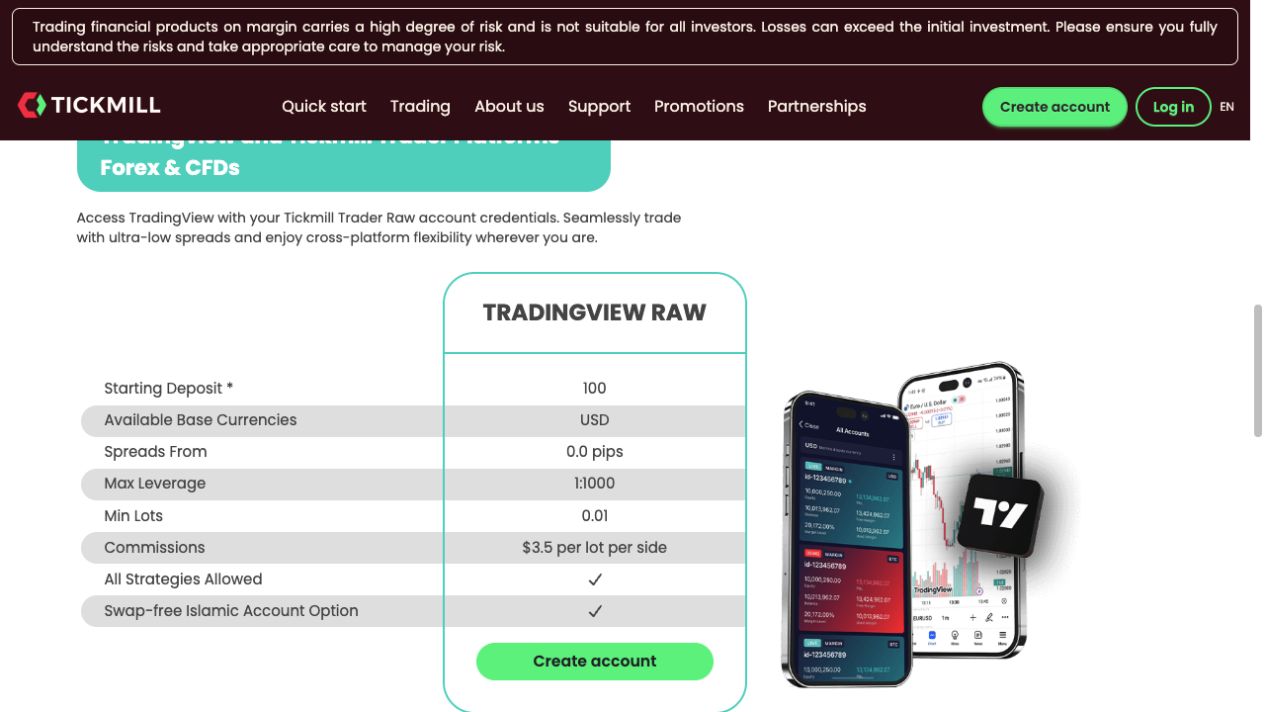 Tickmill Account Types: Classic, Raw and TradingView Raw 2 Tickmill global TradingView Raw account pricing table