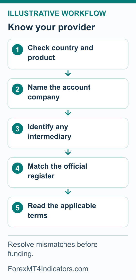 Decision flow from country and official route to intermediary, account counterparty and applicable terms