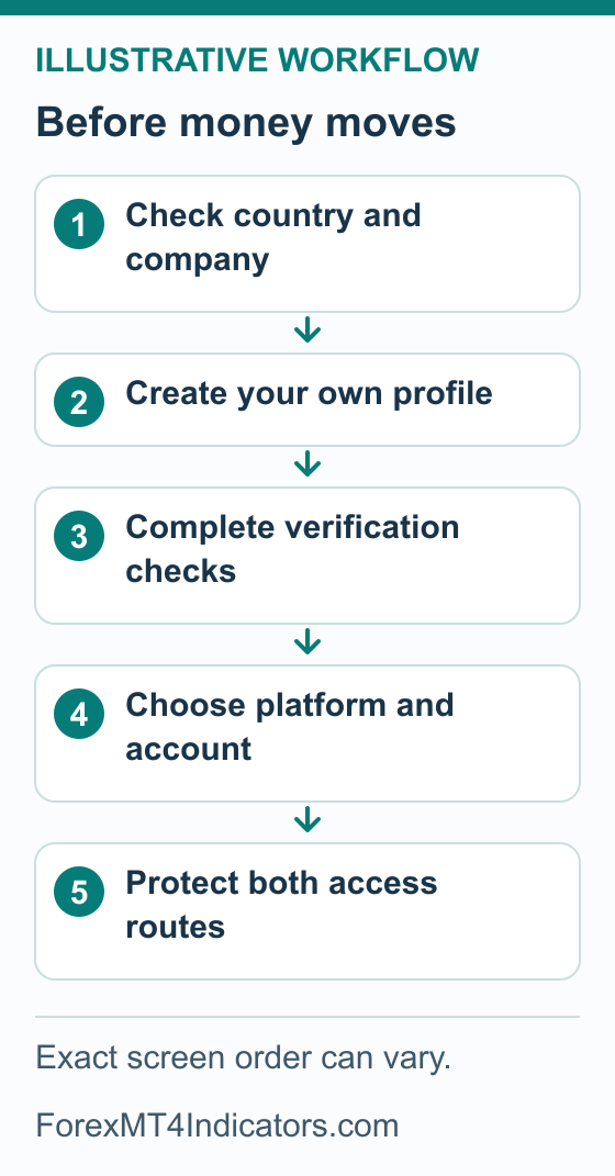 Account-opening sequence showing eligibility, profile details, verification, account choice and secure access before funding