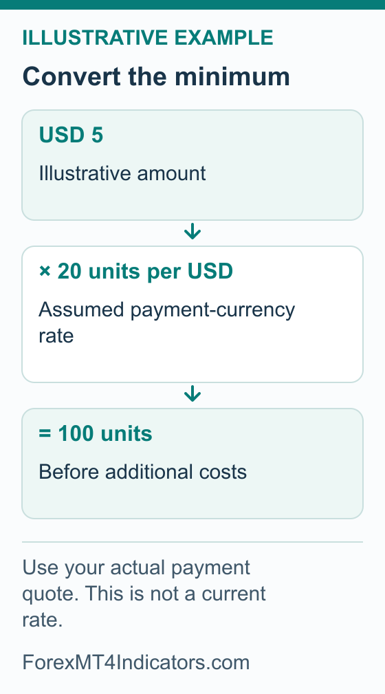 Illustrative conversion: USD 5 times an assumed 20 payment-currency units per dollar equals 100 units before costs.