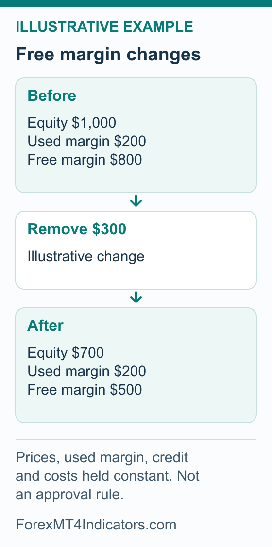 Illustrative withdrawal example where 1000 dollars equity and 200 dollars used margin become 700 dollars equity and 500 dollars free margin after removing 300 dollars