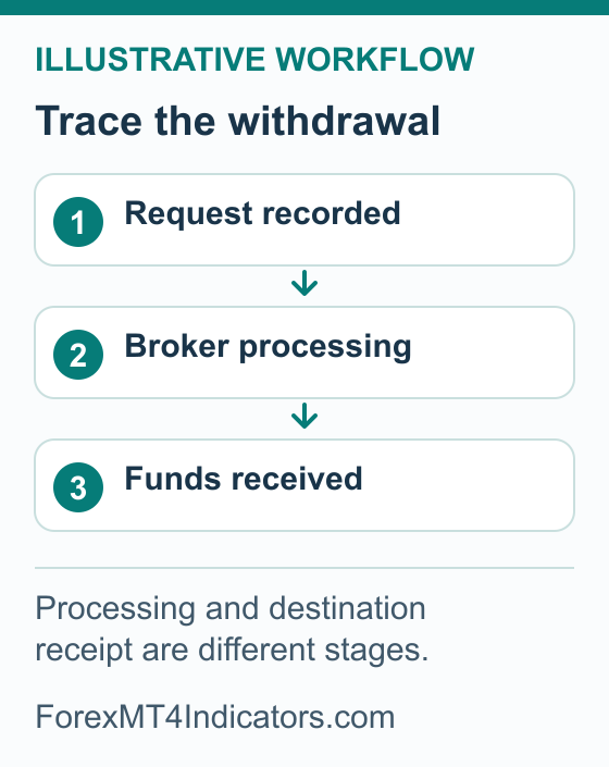 Withdrawal sequence separating request recorded, broker processing and funds received by the payment destination