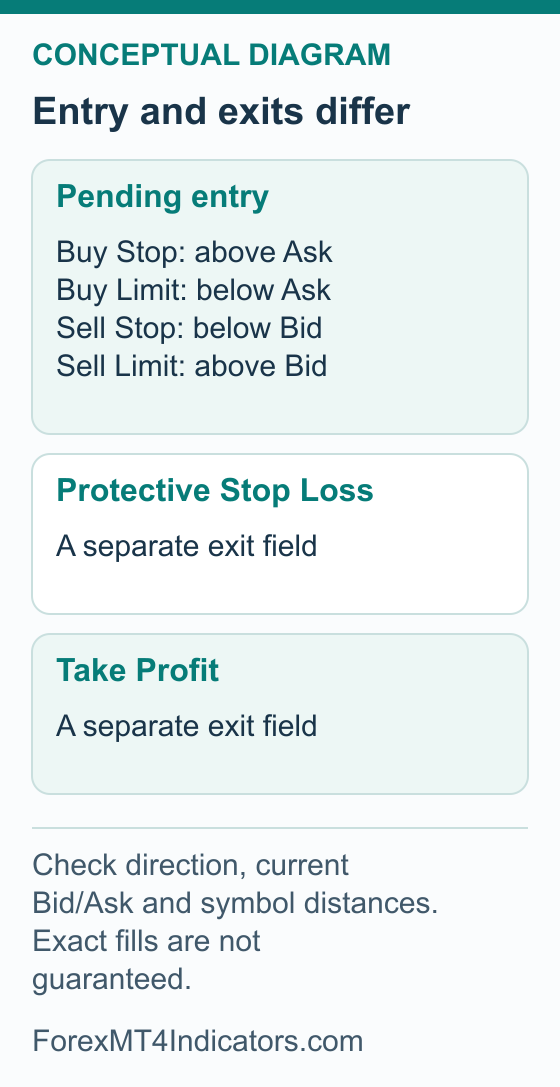 Educational comparison showing a pending entry price as a separate decision from an attached protective Stop Loss and Take Profit.