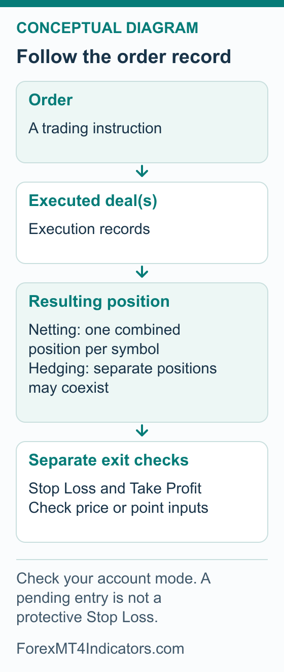 Educational map separating an MT5 order, its executed deals and the resulting position, with separate protective Stop Loss and Take Profit checks.