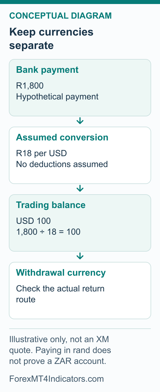 Illustrative distinction between rand paid from a bank, trading account base currency and withdrawal currency