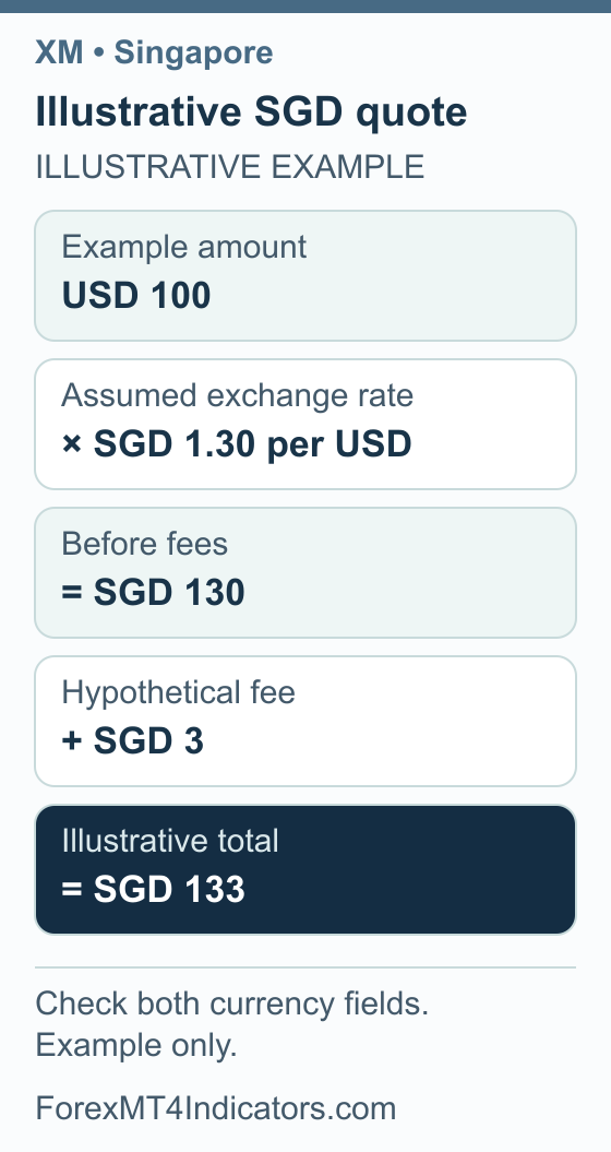 Hypothetical SGD quote showing USD 100 at 1.30 plus a SGD 3 fee equals SGD 133
