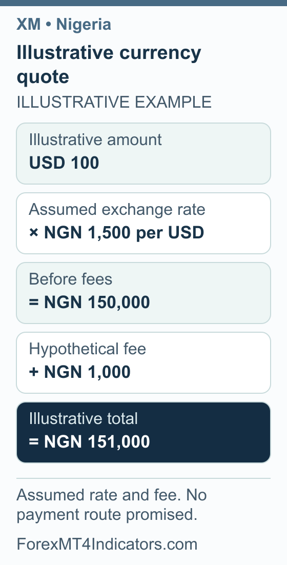 Illustrative Nigeria currency example: Illustrative amount USD 100; Assumed exchange rate × NGN 1,500 per USD; Before fees = NGN 150,000; Hypothetical fee + NGN 1,000; Illustrative total = NGN 151,000