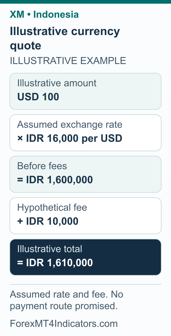 XM Indonesia Guide: Account Checks, IDR Costs and MT4 Setup 3 Illustrative Indonesia currency example: Illustrative amount USD 100; Assumed exchange rate × IDR 16,000 per USD; Before fees = IDR 1,600,000; Hypothetical fee + IDR 10,000; Illustrative total = IDR 1,610,000