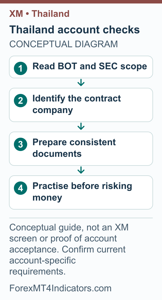 XM Thailand Guide: Accounts, THB, Documents and MT5 Setup 1 Thailand account checks showing Read BOT and SEC scope; Identify the contract company; Prepare consistent documents; Practise before risking money