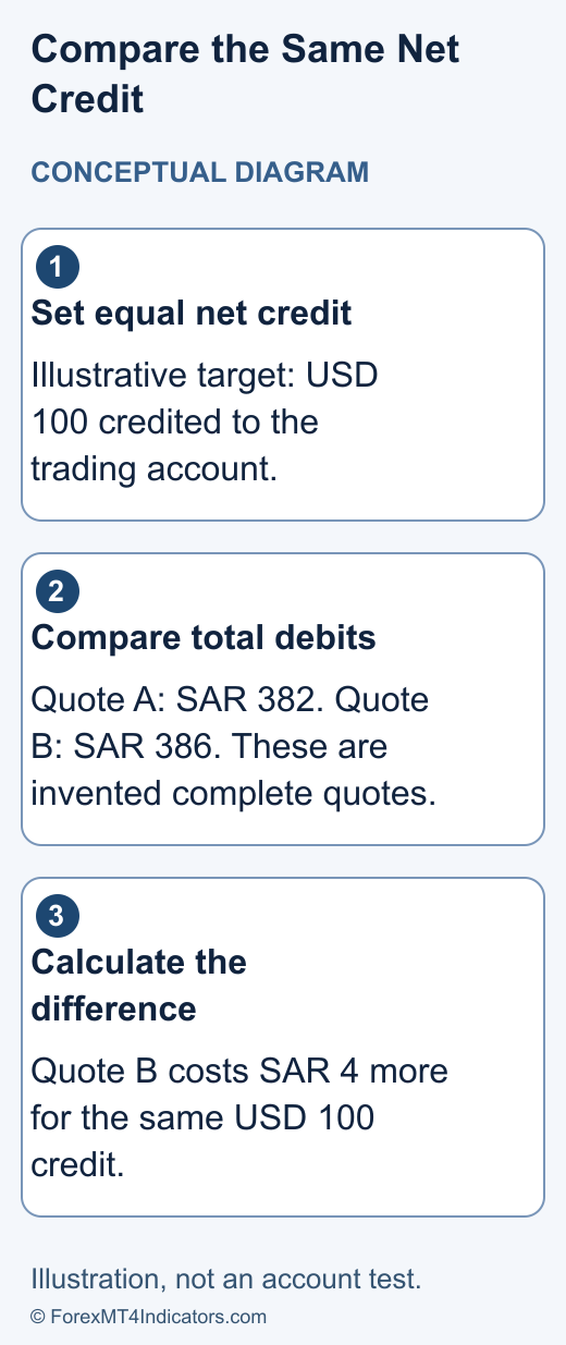 Illustrative comparison of two total Saudi riyal debits for the same hypothetical US dollar account credit