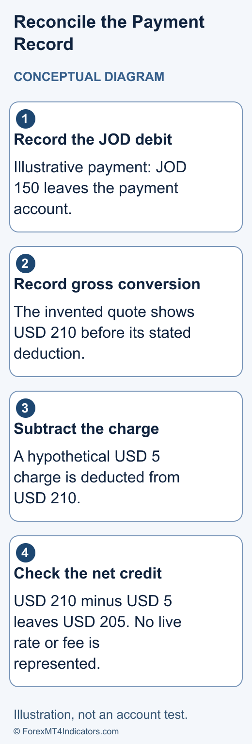 XM Jordan: Bonus Eligibility, Accounts & JOD Deposit Costs 2 Illustrative payment record separating a Jordanian dinar debit from a gross dollar conversion, deducted fee and net account credit