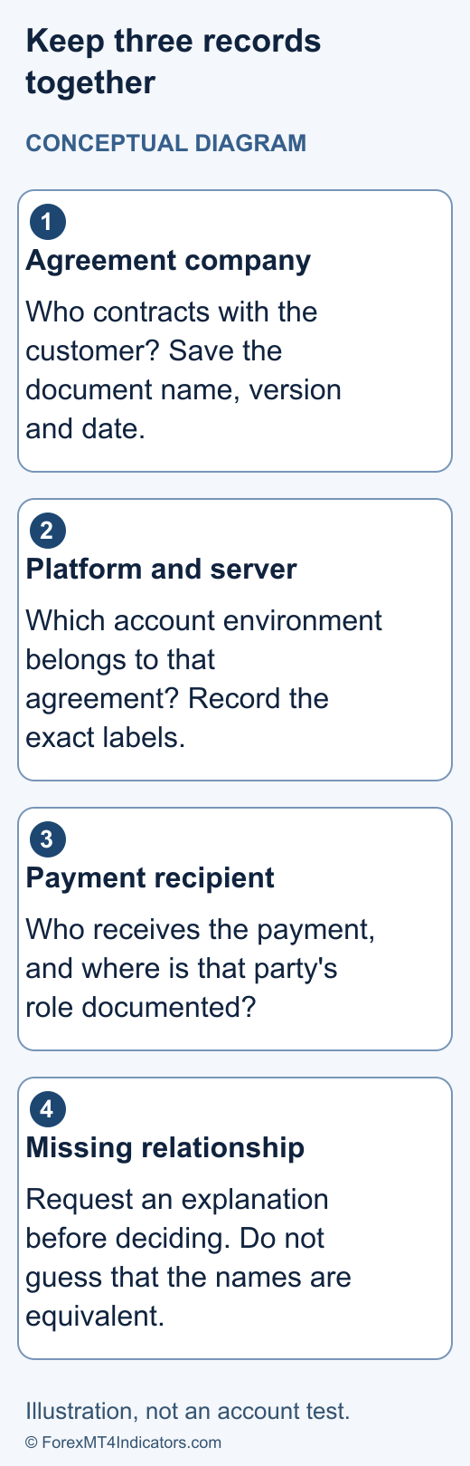 XM Cambodia: Bonuses, Account Terms & SERC Checks 2 Conceptual worksheet connecting agreement company, platform server and payment recipient with a written explanation for mismatches