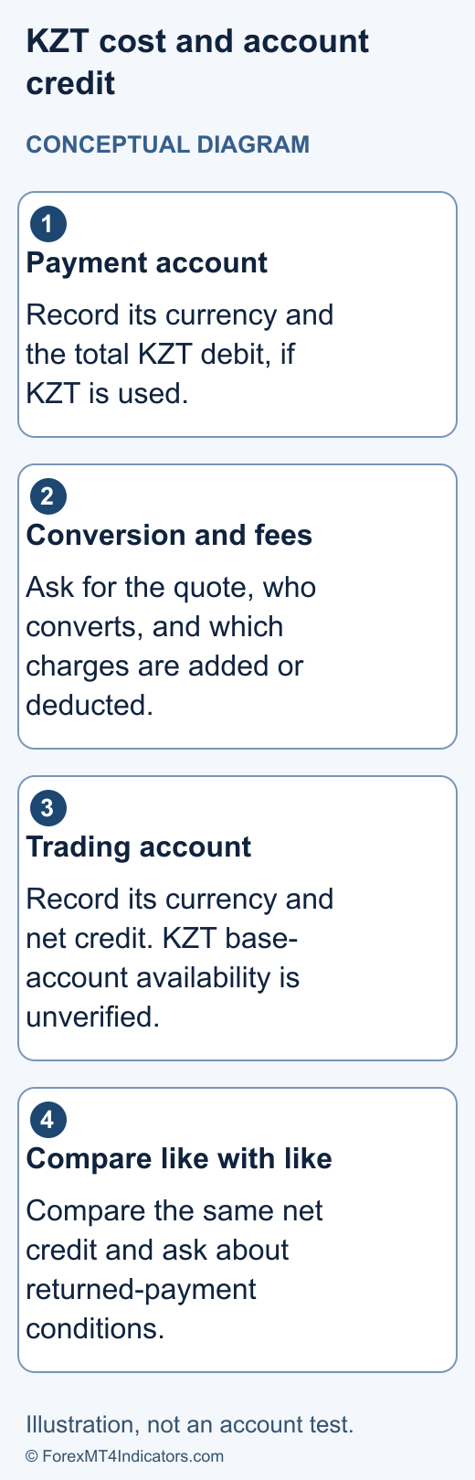 Conceptual payment worksheet separating KZT debit, conversion and fees, trading-account currency and net credit
