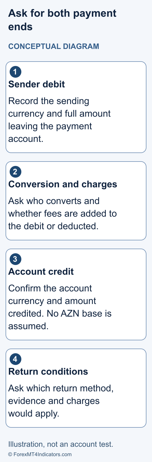 XM Azerbaijan: Bonus Eligibility, Accounts & AZN Costs 2 Conceptual AZN payment enquiry showing sender debit, conversion and fees, recipient account currency, net credit and return conditions