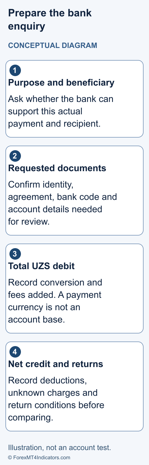 Conceptual bank enquiry separating payment purpose and beneficiary, requested documents, UZS debit and net account credit