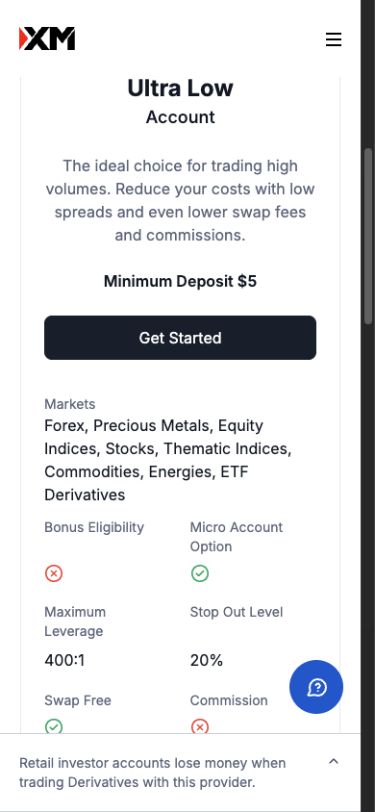 XM Account Types: Compare Accounts, Costs and Eligibility 3 XM Kenya public Ultra Low account page showing the advertised minimum and separate rows for bonus eligibility, leverage and stop-out level