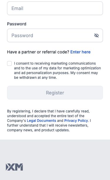 Lower section of the same blank XM Kenya registration form showing marketing choice, disabled Register button and links to legal documents and privacy policy