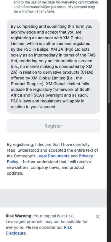Lower region of the same unsubmitted XMZA form showing XM ZA intermediary and XM Global supplier wording, disabled Register button and legal links