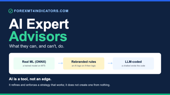 The three things an AI expert advisor can mean: a real machine-learning model via ONNX on MT5, a rule-based EA rebranded as AI, and an LLM used only to write the code.
