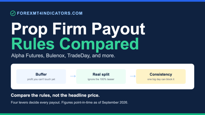Prop Firm Payout Rules Compared: Alpha Futures, Bulenox, TradeDay Prop firm payout rules compared across four futures firms by buffer, real split, and consistency rule