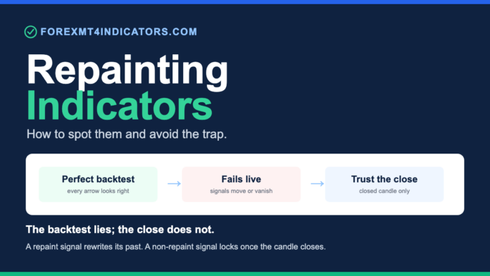 Repainting Indicators Explained: How to Spot and Avoid Them Repainting vs non-repaint: a repaint backtest looks perfect while live signals fail, and a non-repaint signal locks once the candle closes.