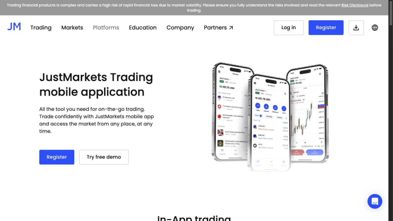JustMarkets public trading app feature page