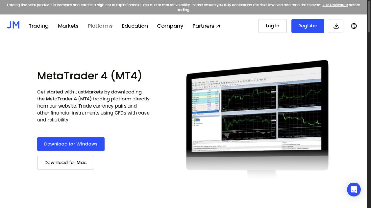 JustMarkets public MetaTrader 4 download page