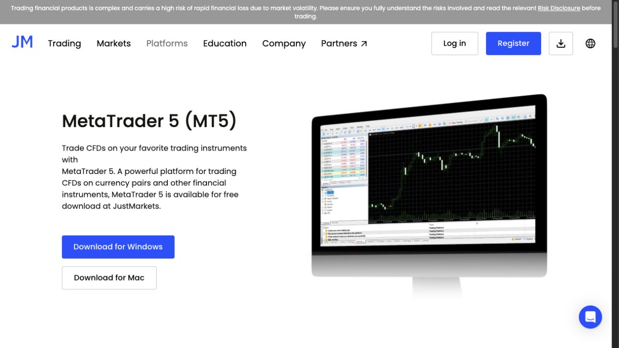 JustMarkets public MetaTrader 5 download page