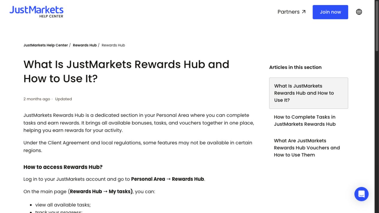 Official JustMarkets Rewards Hub help page