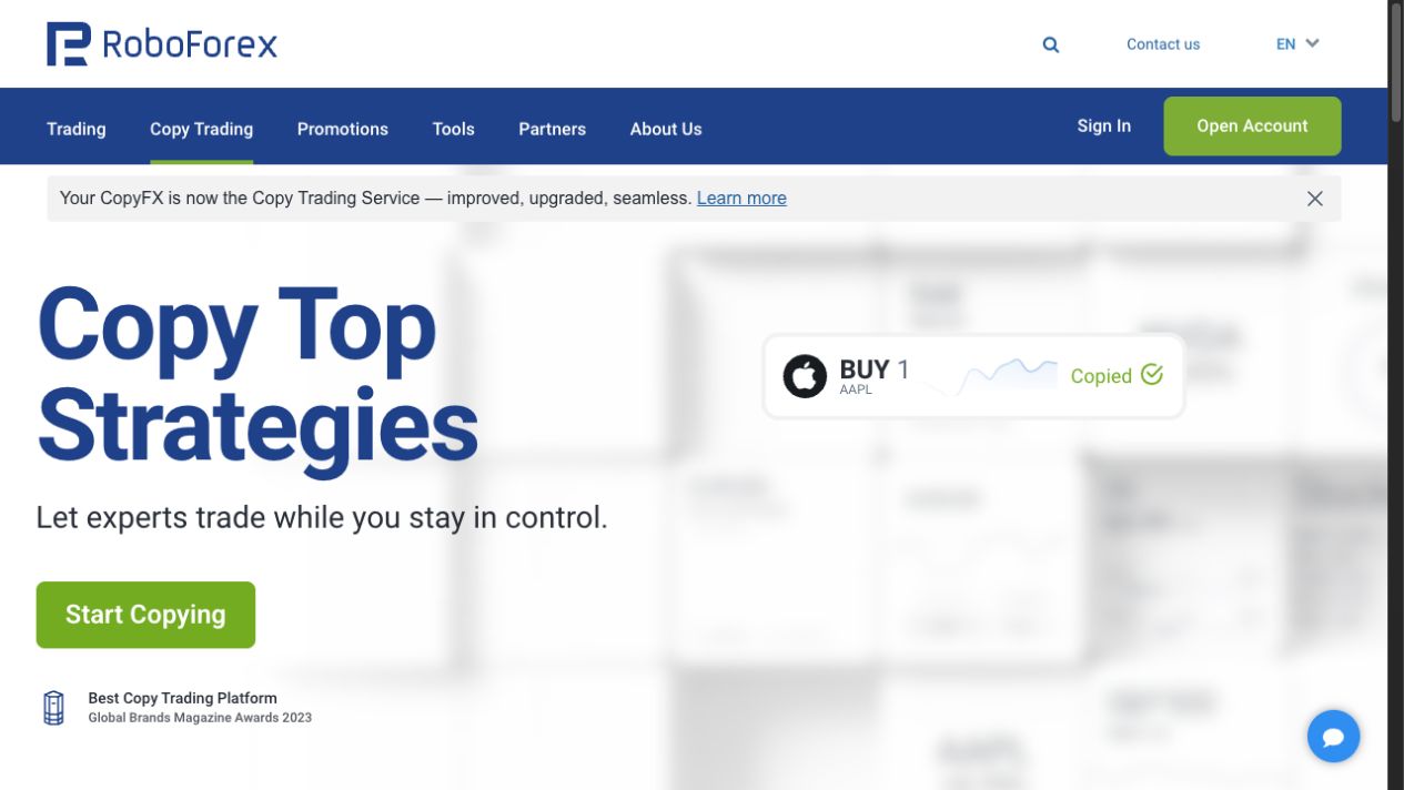 Current Copy Trading Service page displays the CopyFX rename. The illustrated copied order is provider marketing imagery, not a tested result.
