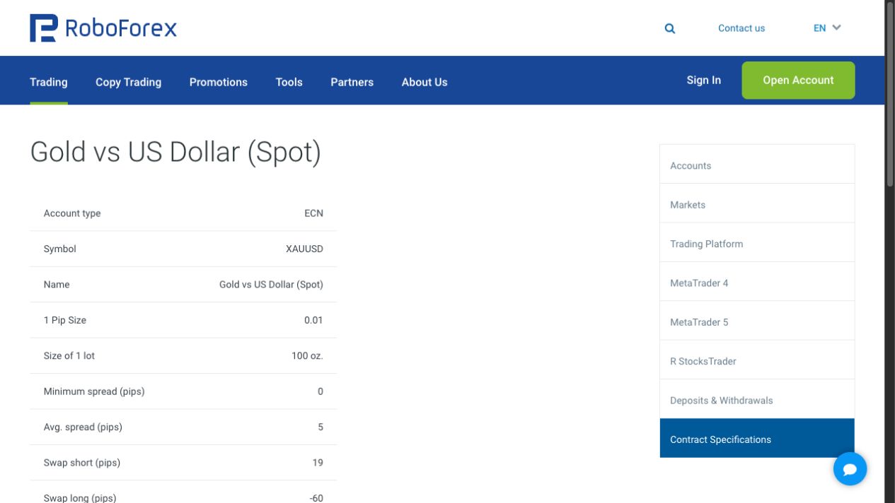 The ECN XAUUSD specification shows a 100-ounce lot and a US$0.01 pip. Spread and swap figures are dated provider indications, not execution measurements.