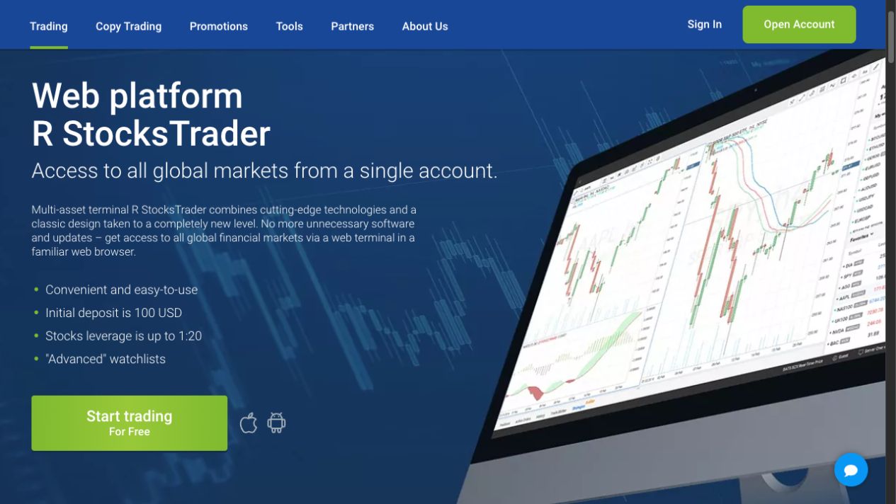 R StocksTrader landing page describes a separate browser platform and its starting deposit. Product-specific trading conditions still apply.