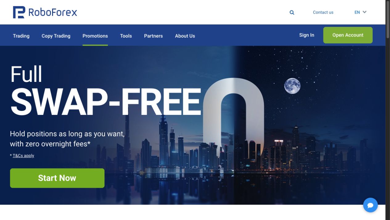 The Full Swap-Free page links to binding terms. New-account qualification, eligible regions and instruments must be checked separately.